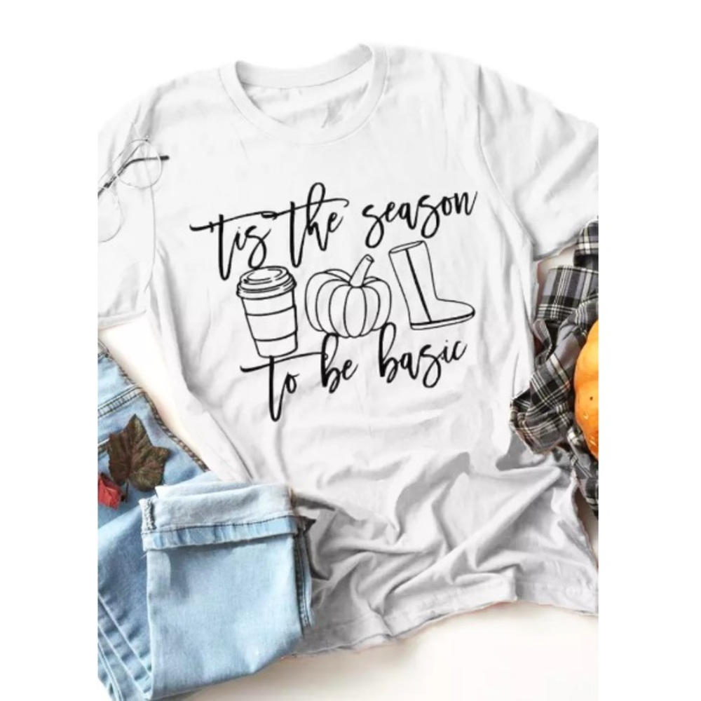 Winter Basic Graphic Tee Pumpkin Spice White New